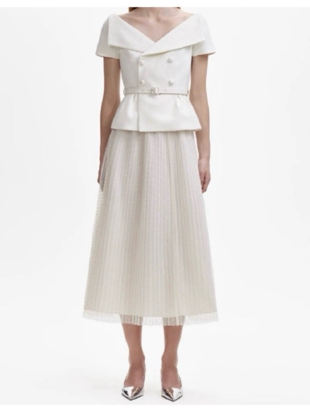 Self-Portrait Cream Pleated Midi Skirt
